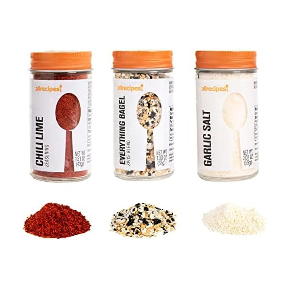 Allrecipes Savory Seasonings (Chili Lime, Everything Bagel, Garlic Salt) in Glass Jars with Removable Sifter Caps for Sprinkling, Set of 3 Clear 9.63 x 6.13 x 2-Inch