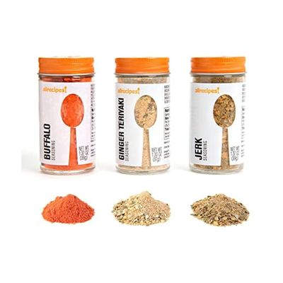 Allrecipes Essential Wings Blends (Buffalo, Ginger Teriyaki, Jerk) in Glass Jars with Removable Sifter Caps for Sprinkling, Set of 3, Clear, 9.63 x 6.13 x 2-Inch