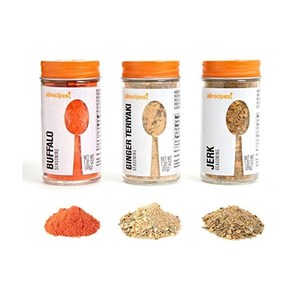 Allrecipes Essential Wings Blends (Buffalo, Ginger Teriyaki, Jerk) in Glass Jars with Removable Sifter Caps for Sprinkling, Set of 3, Clear, 9.63 x 6.13 x 2-Inch