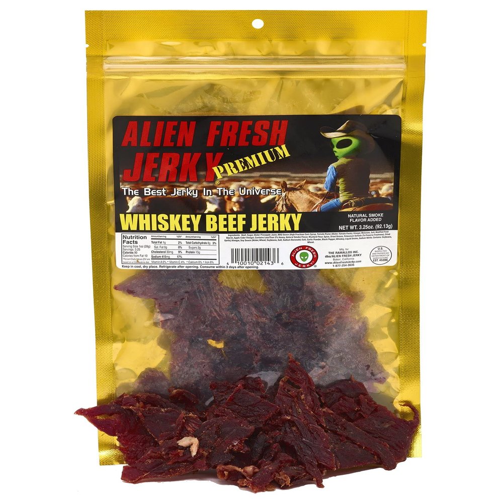 Alien Fresh Jerky - Classic - Whiskey - Premium Beef - Low Calorie Snack - The Best Jerky In The Universe - 3.25 OZ - Made In USA