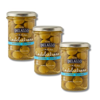 DeLallo Pitted Castelvetrano Green Olives, Naturally Cured, Non-GMO, Kosher, Gluten-Free, Mild Buttery Flavor, 5.3 oz Jar, (3 Pack)
