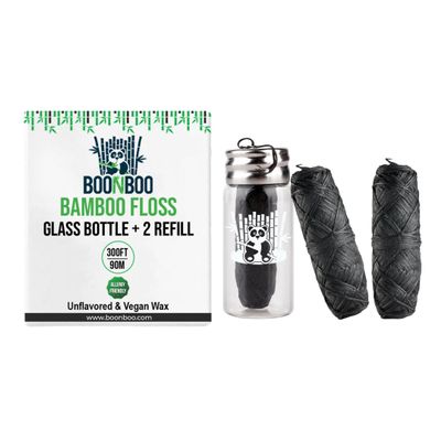 BOONBOO Dental Floss, Charcoal Woven Thread, Glass Bottle and 2 Heads Refill, Unflavored