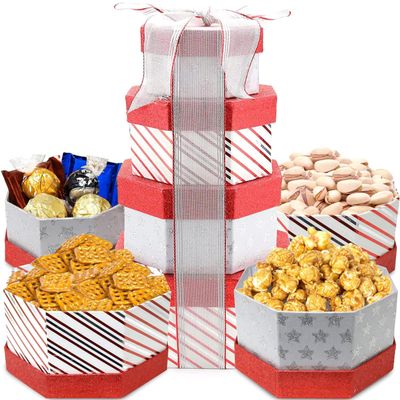 Christmas Tower Box, Party Mix, Gourmet Gift Tower Basket, Gift Basket, Waffle Pretzels, Salted Pistachios, Caramel Corn, Ferroro Rocher
