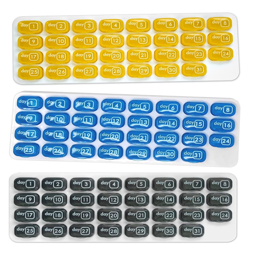 31 Day Monthly 3X a Day Pill Organizer with Daily Removable Pods (3 Pack, Yellow, Blue & Grey)