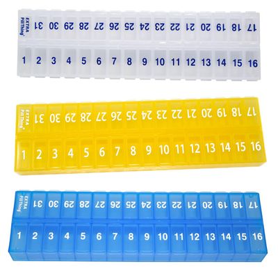 31 Day Monthly Pill Organizer, Once-A-Day Medication Planner with Removable Lid, Large Compartments, 3 Color Set for Multiple People Or 3 Times-Daily Use (3X a Day - Yellow, Clear & Blue)