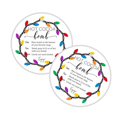 Hot Cocoa Bomb Instruction Cards | 30 Pack | 2.5" inch Circle Tag with Pre-Cut Hole | Hot Cocoa Bomb Supplies | Christmas Lights Holiday String Lights Design