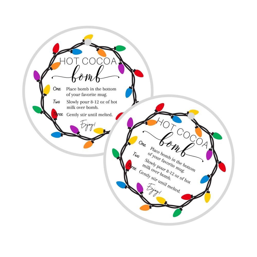 Hot Cocoa Bomb Instruction Cards | 30 Pack | 2.5" inch Circle Tag with Pre-Cut Hole | Hot Cocoa Bomb Supplies | Christmas Lights Holiday String Lights Design