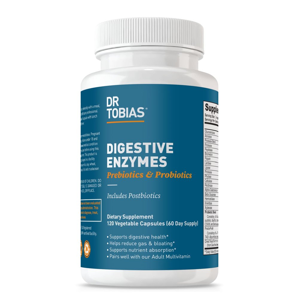 Dr. Tobias Digestive Enzymes with Probiotics, Prebiotics and Postbiotics Bromelain, Amylase, Lipase, for Better Digestion & Immune Function, 120 Capsules 60 Servings (2 Daily)