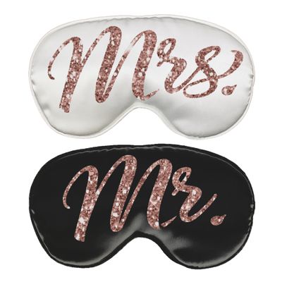 Bride & Groom Sleep Masks - Set of 2 Luxury Satin Rose Gold Wedding Sleep Masks (1) Mrs. White and Blush Mask & (1) Mr. Black and White Mask - Couples Wedding Gifts Mask(RGMrs.Wht/MrBlk)