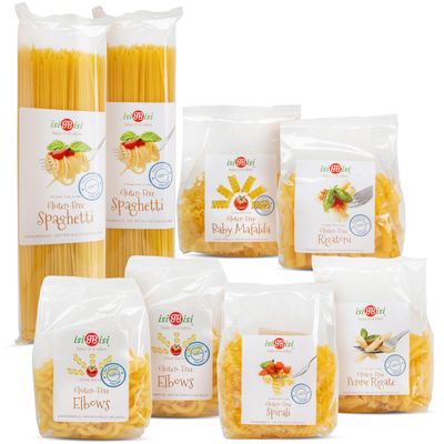 isiBisi Gluten Free Pasta Sampler, 8-Pack - Penne, Spaghetti, Rigatoni, Elbow, Baby Mafalda, Spirali Noodles - Non GMO Vegan, Made in Italy