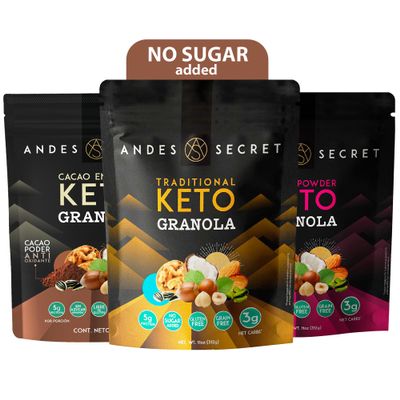 Andes Secret Variety Pack Granola - Traditional, Cacao & Maqui - Keto High Protein Granola with No Sugar, Grain & Gluten Free - 11 oz (3 Pack)