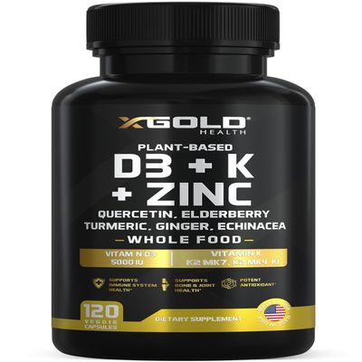 Vitamin D, K2, K1, Zinc, Quercetin, Elderberry, Turmeric, Ginger & Echinacea Whole Food Supplement 8 in 1- D3 5000 IU Plant-Based from Lichen, Vitamin K (K2 MK7, MK4, K1), D3 K2 Vitamins -120 Capsules