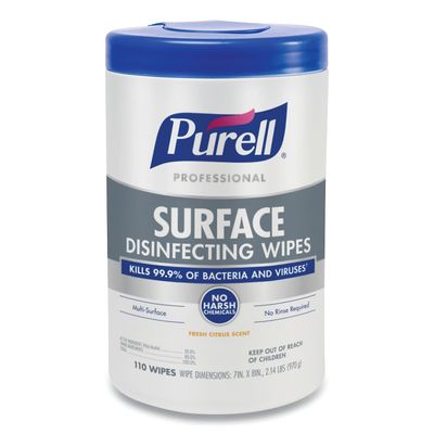 Purell Professional Surface Disinfecting Wipes, 7" x 8", Fresh Citrus, 110 Wipes Per Canister