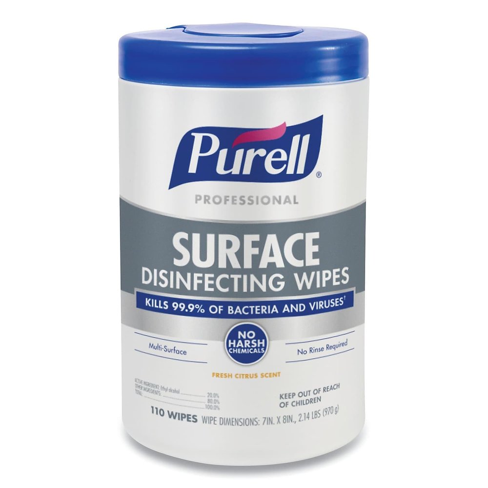 Purell Professional Surface Disinfecting Wipes, 7" x 8", Fresh Citrus, 110 Wipes Per Canister