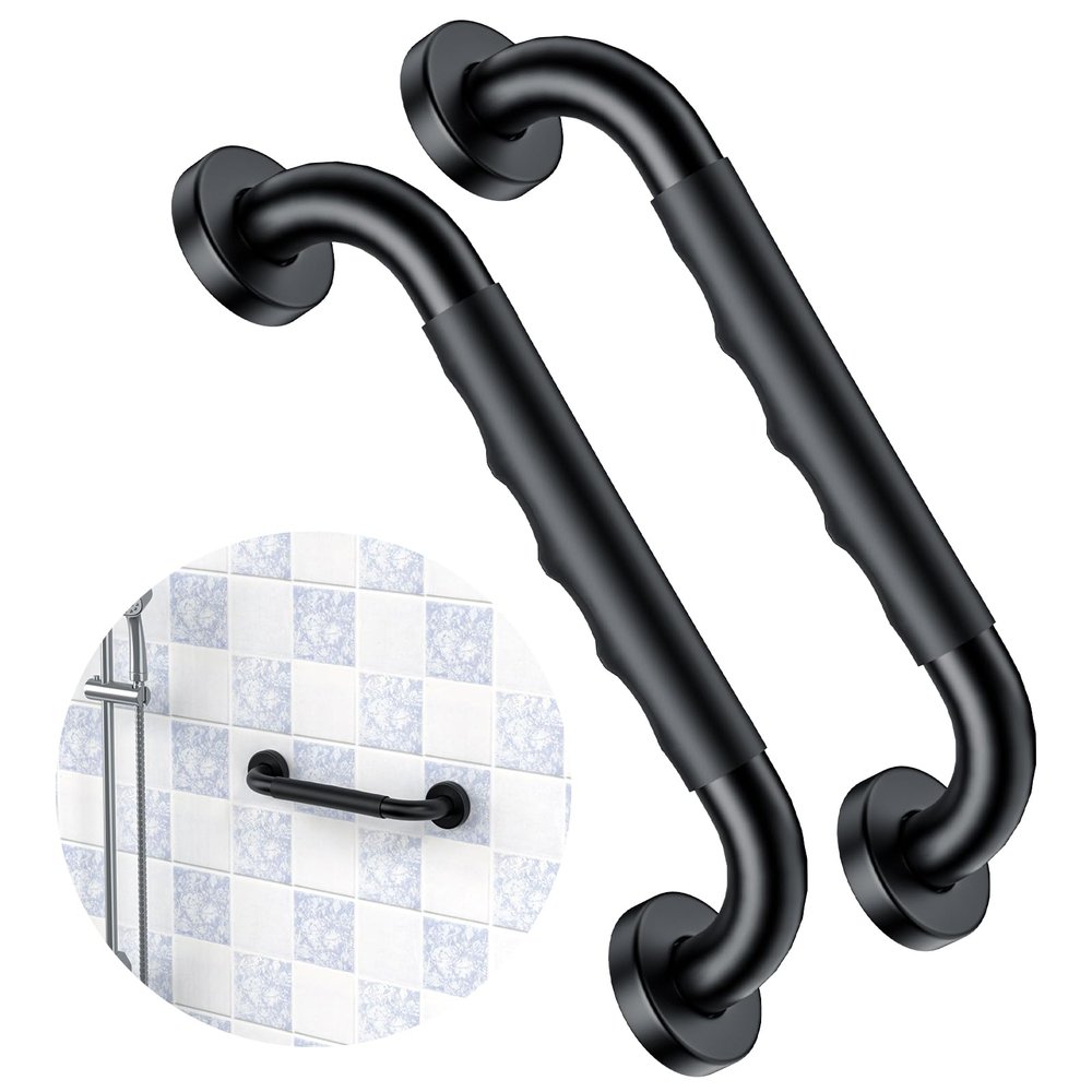 2 Pack 12 Inch Black Shower Grab Bar w/Anti Slip Rubber Grip,ZUEXT Stainless Steel Bath Grab Bar,Bathroom Balance Bar,Wall Mount Safety Handrail Support,Handicap Injury Elderly Senior Assist Handle