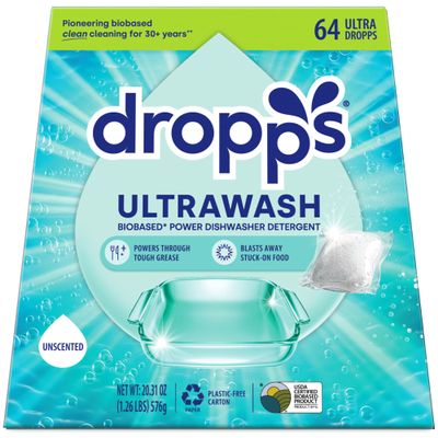 Dropps UltraWash Dishwasher Pods, Unscented (64 Count) - Biobased Power Deep Clean Dishwasher Detergent Tablets for Sparkling Shiny Dishes - No Rinse Aid or Pre-Wash Needed - Dishwashing Pods