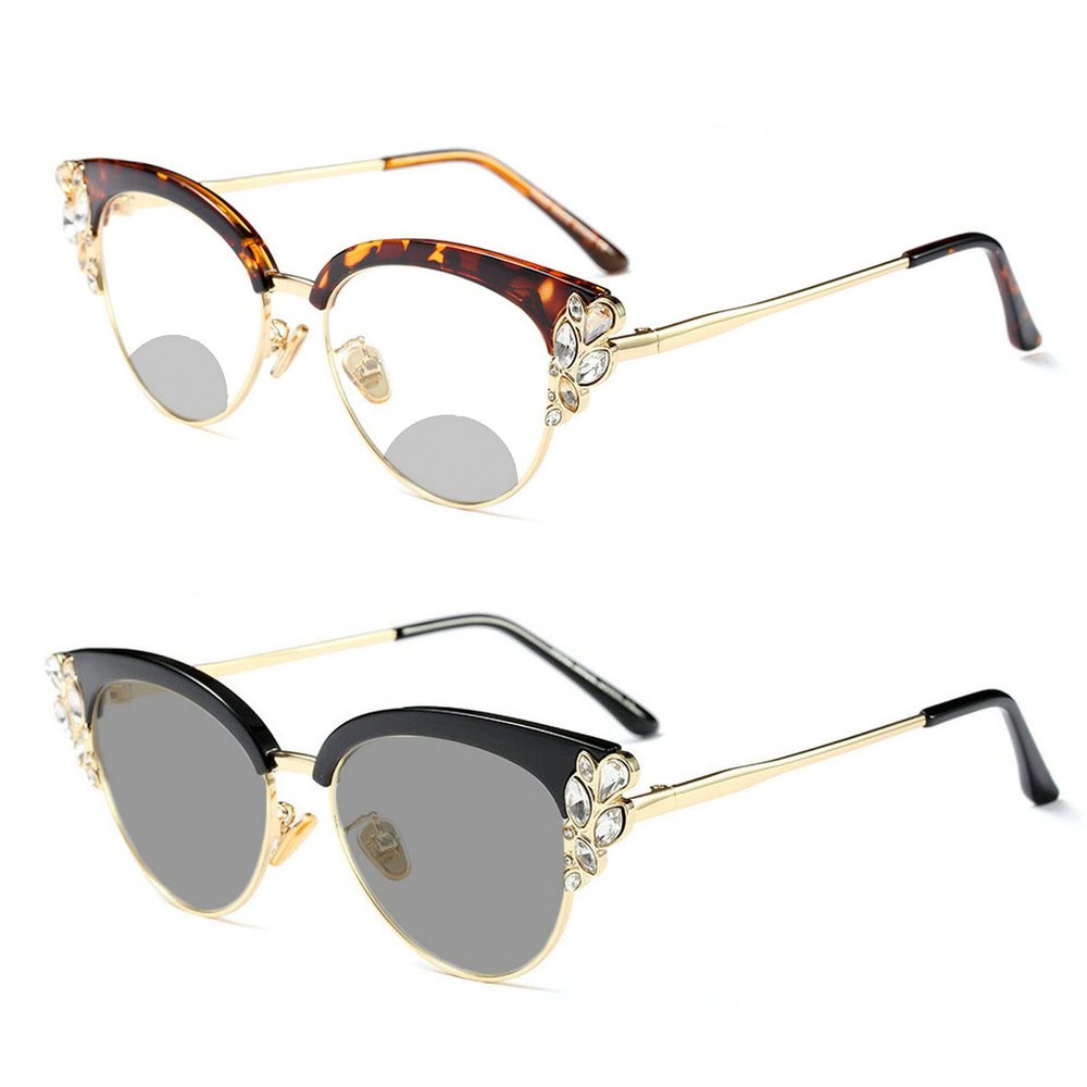 Rhinestone Transition Photochromic Bifocal Reading Glasses For Women 2pcs Diamond Cat eye Sunglasses Readers 0 to +400 (225 magnification, 2pcs-black&leopard)