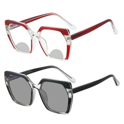 2pcs Transition Photochromic Cat Eye Red Bifocal Reading Glasses For Women,adjustable Vision Sunglasses Reader (200 magnification, 2PCS-BLACK&RED)