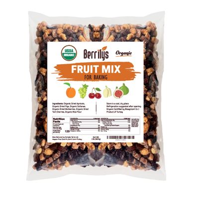 Berrilys Dried Fruit Mix, 2 Lbs, Organic, Diced Figs, Diced Apricots, White Mulberries, Sultanas, Sour Cherries, No Sugar Added, Trail Mix for Baking and Snacking