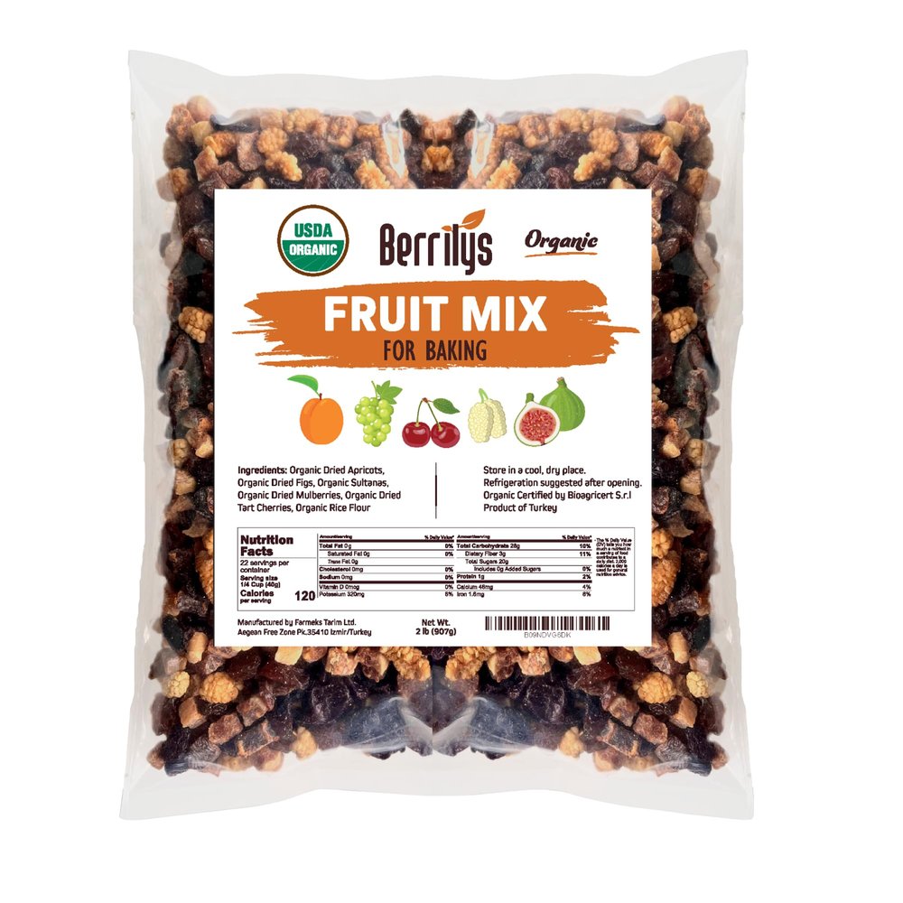 Berrilys Dried Fruit Mix, 2 Lbs, Organic, Diced Figs, Diced Apricots, White Mulberries, Sultanas, Sour Cherries, No Sugar Added, Trail Mix for Baking and Snacking
