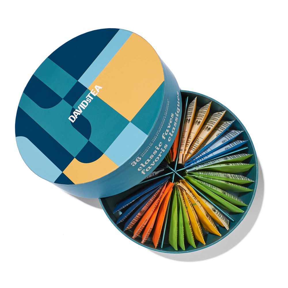 DAVIDsTEA Classic Faves Sachet Tea Wheel Tea Assortment, Full Leaf and Bigger Ingredients for Fuller Flavour Tea Sachets, 36 tea bags