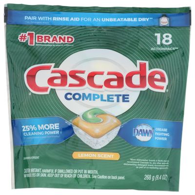 Cascade Complete Dishwasher Pods, ActionPacs Dishwasher Detergent Tabs, Lemon Scent, 18 Count
