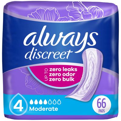 Always Discreet Adult Incontinence Pads for Women, Extra Heavy Absorbency, Regular Length, Postpartum Pads, 66 Count