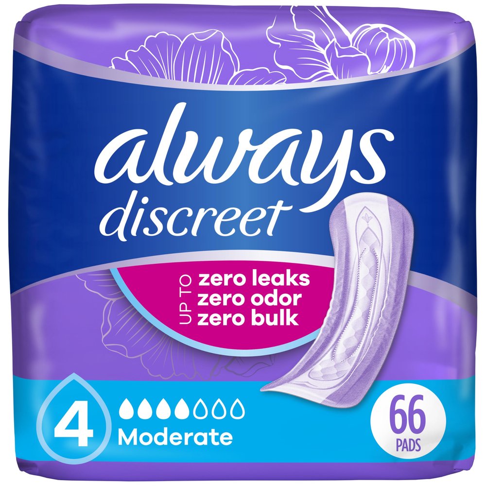 Always Discreet Adult Incontinence Pads for Women, Extra Heavy Absorbency, Regular Length, Postpartum Pads, 66 Count