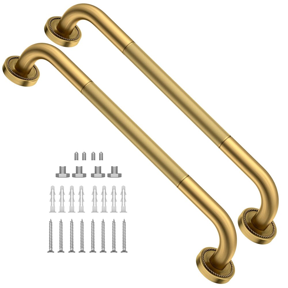 2 Pack 20 Inch Anti Slip Bronze Shower Grab Bar Polished Gold,ZUEXT Antique Brass Bathroom Grab Bar, Knurled Balance Bar,Safety Hand Rail Support Handicap Elderly Injury Senior Assist Bath Handle
