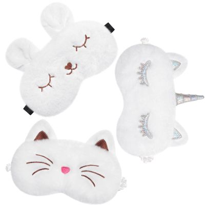 3 Pieces Sleep Mask for Kids, Girls Plush Sleeping Eye Cover Soft Eye Blindfold Cover Animal Shade for Kids(White,Bunny, Cat and Unicorn Style)