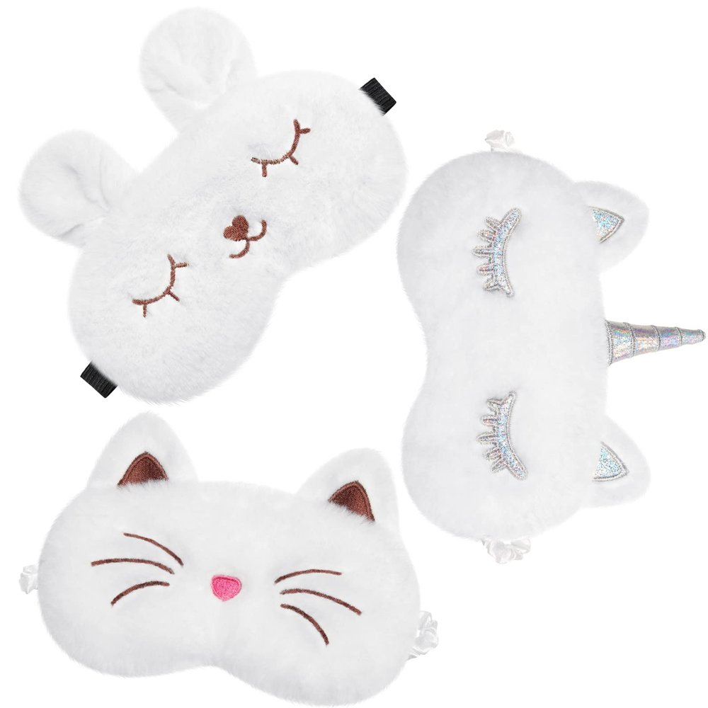 3 Pieces Sleep Mask for Kids, Girls Plush Sleeping Eye Cover Soft Eye Blindfold Cover Animal Shade for Kids(White,Bunny, Cat and Unicorn Style)
