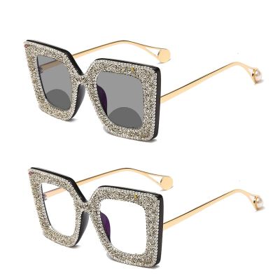Outdoor Transition Photochromic Bifocal Reading Glasses For Womens Rhinestone Square Sunglasses Readers UV protection (black white, 2.75)
