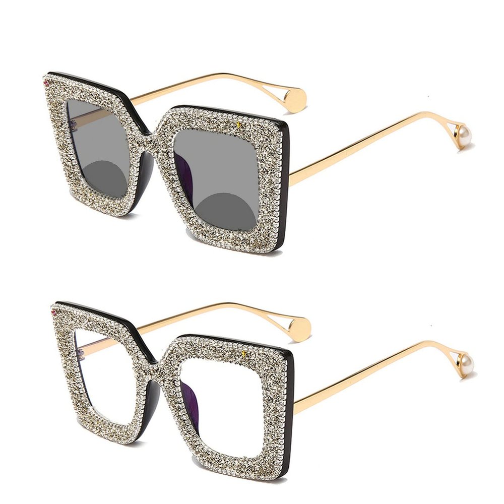 Outdoor Transition Photochromic Bifocal Reading Glasses For Womens Rhinestone Square Sunglasses Readers UV protection (black white, 2.75)