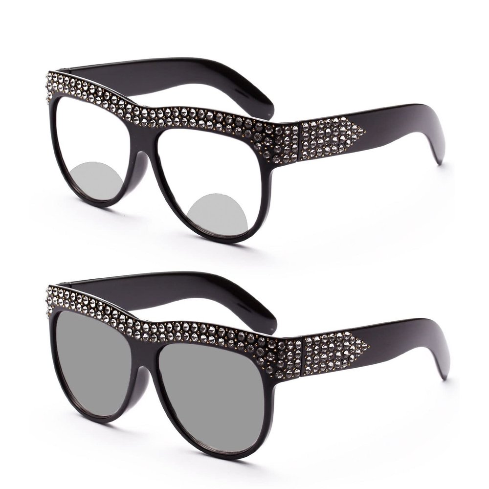 Bifocal Photochromic Reading Glasses Sunglasses Women's Oversized rhinestones Square Presbyopia UV protection (black, 1.5)