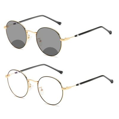 outdoor Round bifocal reading glasses, transitional reading glasses for men and women, with photochromic lenses reading glasses (black gold, 3.25)