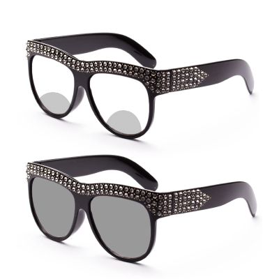 Bifocal Photochromic Reading Glasses Sunglasses Women's Oversized rhinestones Square Presbyopia UV protection (black, 1.0)
