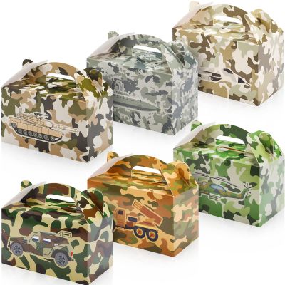Spakon 24 PCS Camo Party Favors Boxes Camouflage Army Goodie Paper Camouflage Treat Boxes with Handle Camo Birthday Party Supplies for Candy Cookie Wrapping, 6 x 3.5 x 3.5 Inch, 6 Designs