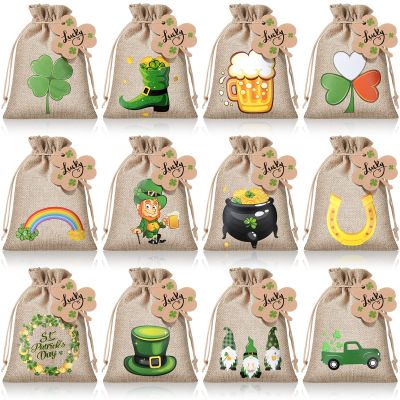 Shappy 24 Sets St. Patrick's Day Gift Bags Green Shamrock Burlap Party Favor Bags Candy Bags Irish Clover St Patricks Treat Bags Gift Wrap Bags for St. Patricks Day Party Favors, 7 x 5 Inch
