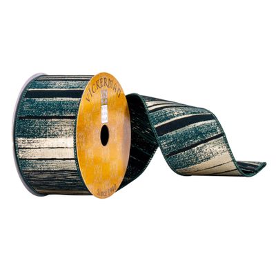 Vickerman 2.5" x 10 yd Green and Gold Abstract Lines Ribbon, Seasonal Christmas Ribbon for Gift Wrapping, Tree Decor