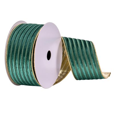 Vickerman 2.5" x 10 yd Green Stripe Gold Back Ribbon, Seasonal Christmas Ribbon for Gift Wrapping, Tree Decor