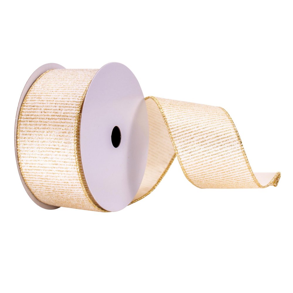 Vickerman 2.5" x 10 yd White and Gold Stripes Ribbon, Seasonal Christmas Ribbon for Gift Wrapping, Tree Decor