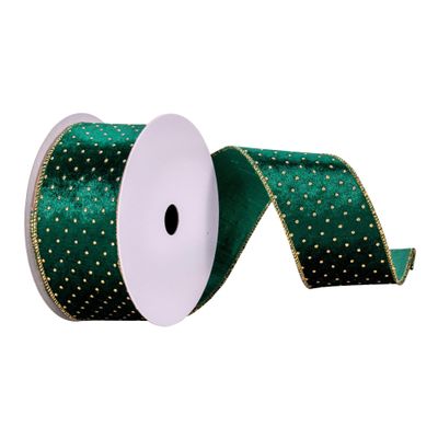 Vickerman 2.5" x 10 yd Green with Gold Dots Ribbon, Seasonal Christmas Ribbon for Gift Wrapping, Tree Decor