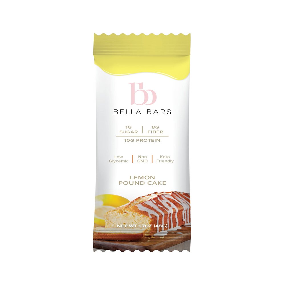 Bella Bars Lemon Pound Cake (12 count) 1g of sugar, 8g of fiber, 10g of protein, Gluten-Free, Non-GMO, Keto-Friendly snack bar