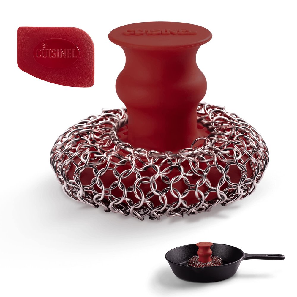 Cuisinel Cast Iron Chainmail Scrubber + Pan Scraper - Deluxe Ergonomic Stainless/Silicone Pot and Skillet Cleaner - Food-Safe Design - Easy to Clean Dishwasher Safe Cookware - Kitchen Sponge Accessory