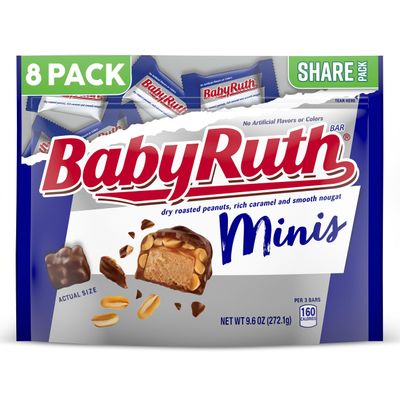Baby Ruth, Chocolatey, Peanut, Caramel, Nougat, Minis Individually Wrapped Candy Bars, Resealable Share Size, 9.6 oz, 8 Pack