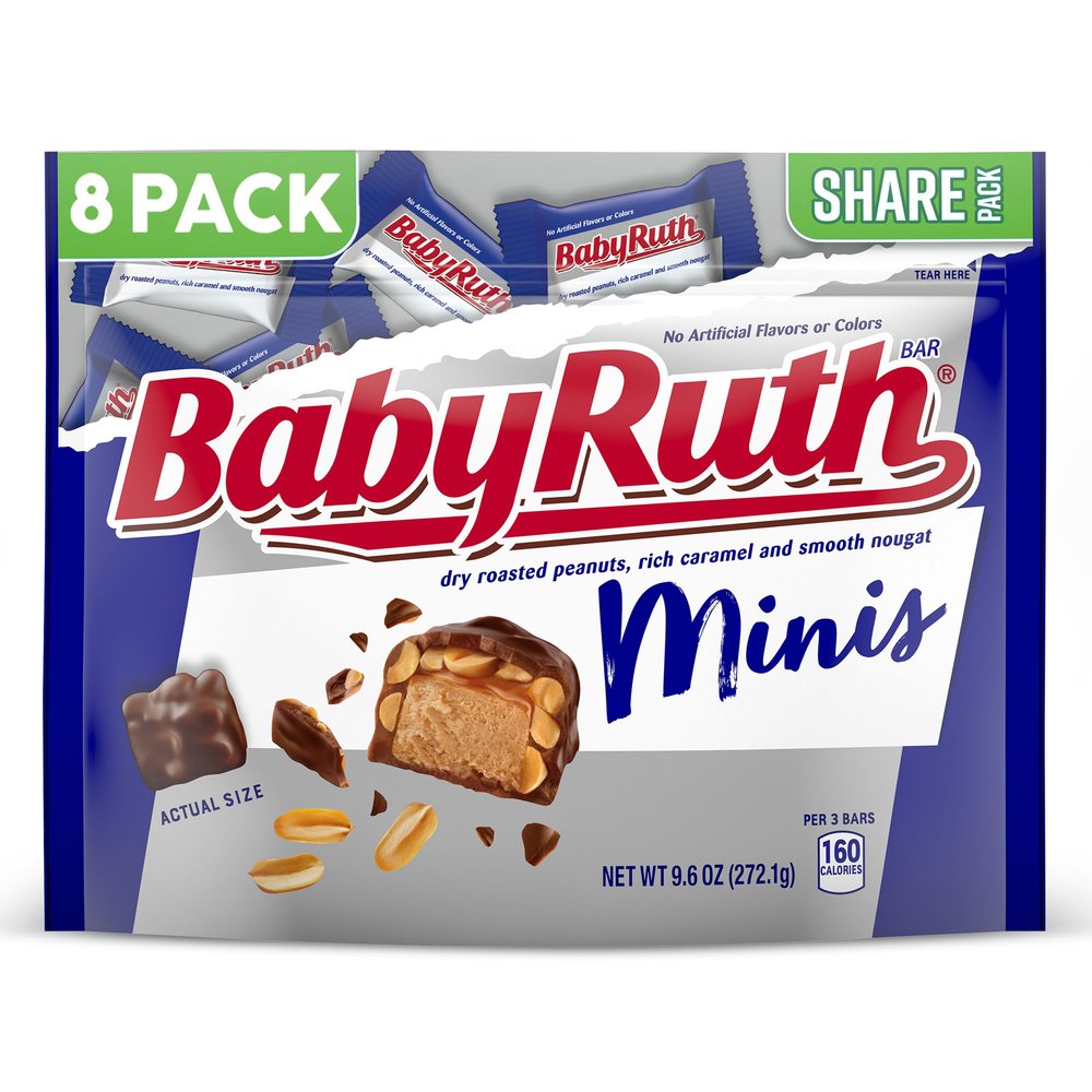 Baby Ruth, Chocolatey, Peanut, Caramel, Nougat, Minis Individually Wrapped Candy Bars, Resealable Share Size, 9.6 oz, 8 Pack
