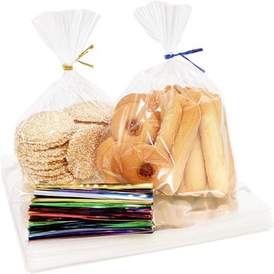 100PCS Cellophane Bags 6x9 inches, Clear Treat Bags with 4 Twist Ties, Plastic Cello Bags - 1.4 mils Thick OPP Rice Crispy Bags for Gift Goodie Favor Candy Cake Pop Birthday Party Cookies (6 x 9)