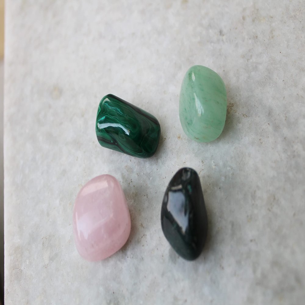Jet Authentic Unique Collection of Rose Quartz + Green Aventurine + Malachite + Bloodstone Tumbled Stone for resolving Health Issues for Dis-Ease. Balancing Healing Stones (Heart Issue)