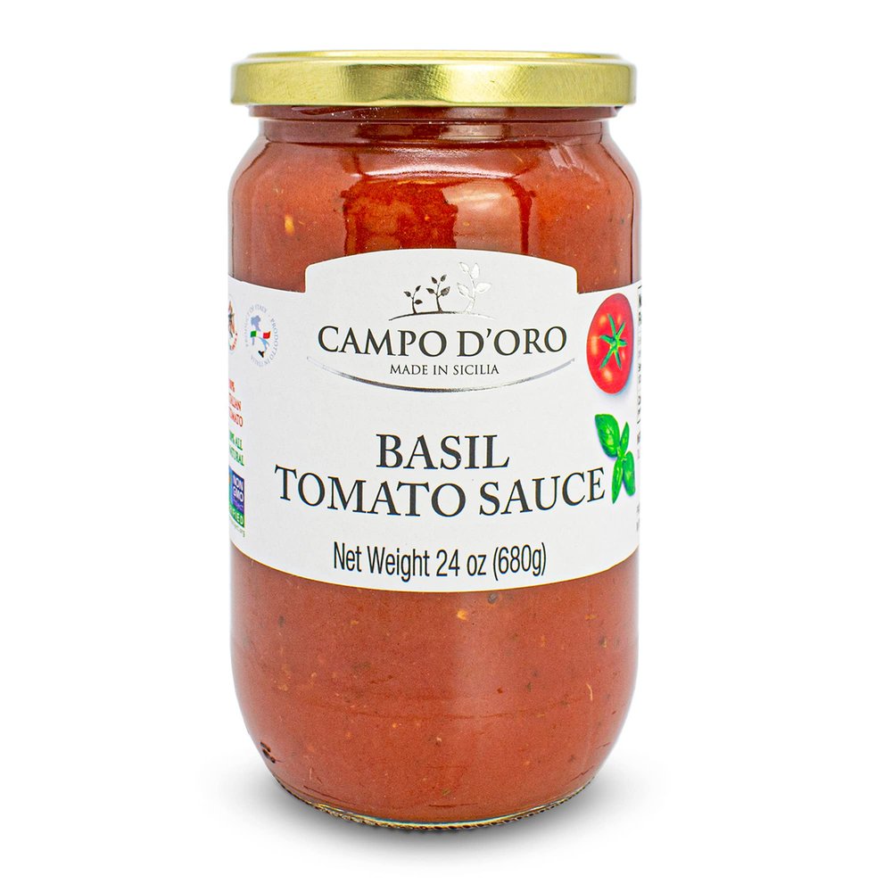 CAMPO D'ORO - Italian Tomato Spaghetti Sauce with Basil, 24oz, Pasta and Pizza Sauce, 100% Made in Sicily Italy