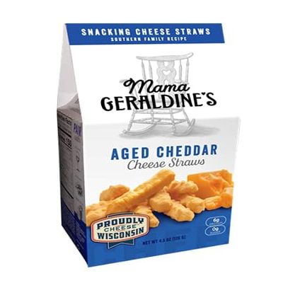 Mama Geraldine's Aged Cheddar Cheese Straws - Protein Packed, Savory and Flavor-Forward, Zero Sugar Low Carb Baked Snack, Crunchy Gourmet Cheese Straws, Bite-Size Appetizer 4.5 oz (4 Pack)